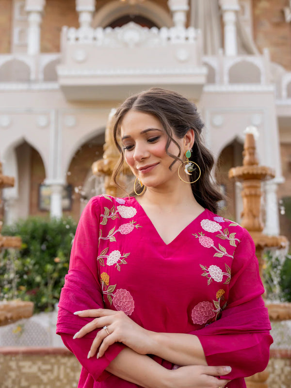 Women’s Chanderi Embroidered Kurta Set With Matching Dupatta