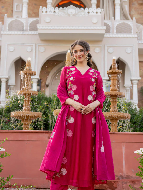 Women’s Chanderi Embroidered Kurta Set With Matching Dupatta