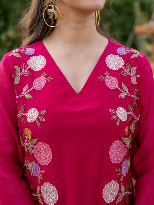 Women’s Chanderi Embroidered Kurta Set With Matching Dupatta