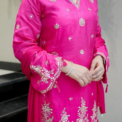 Women's Silk Embroidered Kurta with Pant & Nazmin Dupatta Set