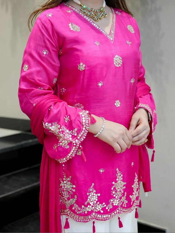 Women's Silk Embroidered Kurta with Pant & Nazmin Dupatta Set