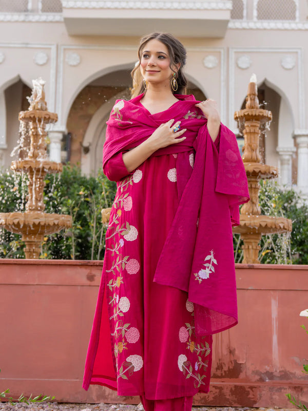 Women’s Chanderi Embroidered Kurta Set With Matching Dupatta