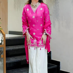 Women's Silk Embroidered Kurta with Pant & Nazmin Dupatta Set