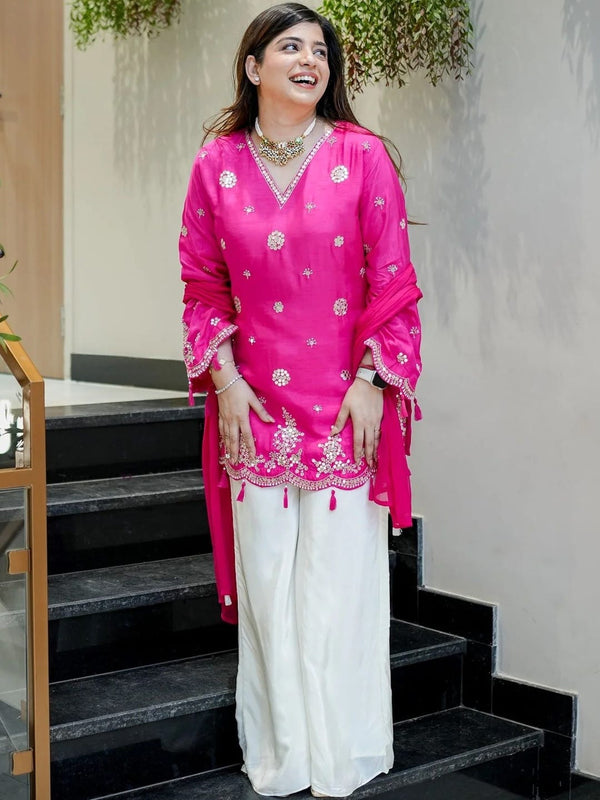 Women's Silk Embroidered Kurta with Pant & Nazmin Dupatta Set