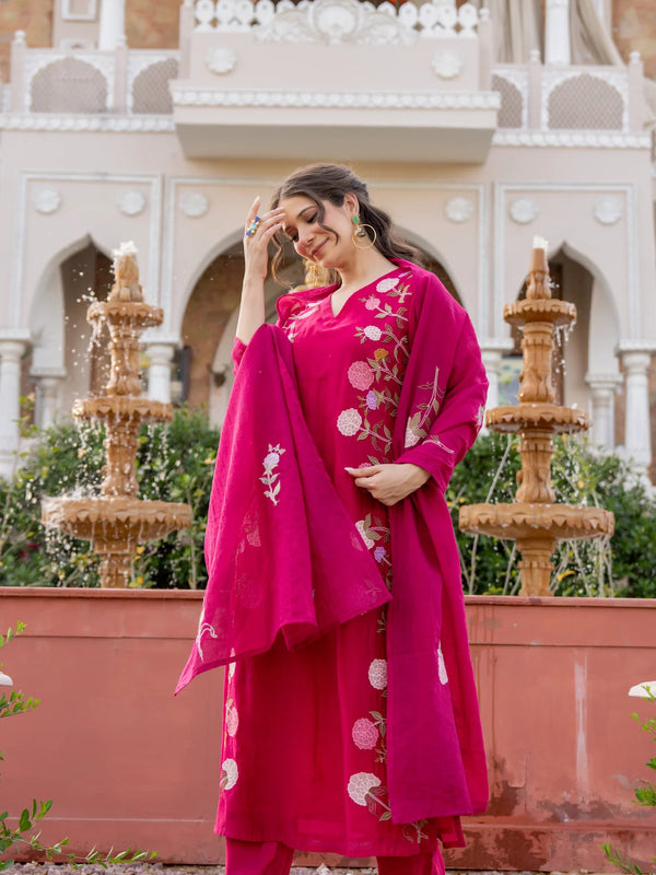 Women’s Chanderi Embroidered Kurta Set With Matching Dupatta