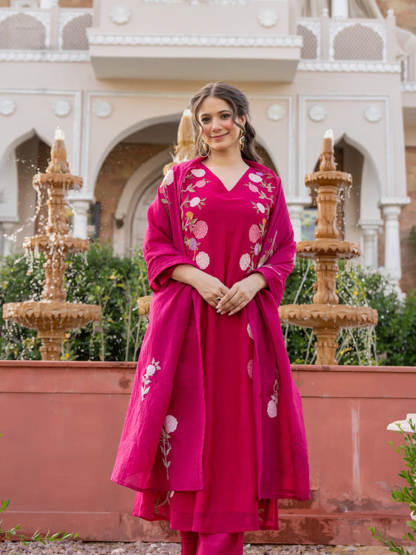 Women’s Chanderi Embroidered Kurta Set With Matching Dupatta