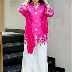 Women's Silk Embroidered Kurta with Pant & Nazmin Dupatta Set