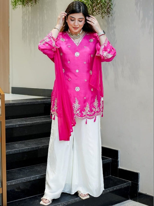 Women's Silk Embroidered Kurta with Pant & Nazmin Dupatta Set