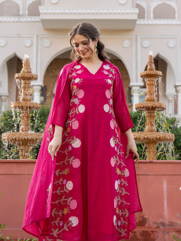 Women’s Chanderi Embroidered Kurta Set With Matching Dupatta