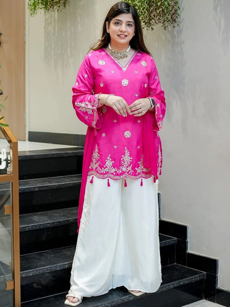 Women's Silk Embroidered Kurta with Pant & Nazmin Dupatta Set