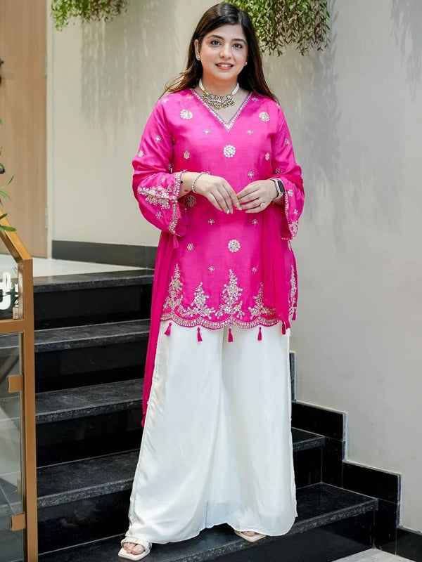 Women's Silk Embroidered Kurta with Pant & Nazmin Dupatta Set
