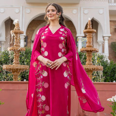 Women’s Chanderi Embroidered Kurta Set With Matching Dupatta