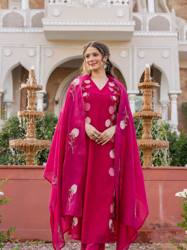 Women’s Chanderi Embroidered Kurta Set With Matching Dupatta