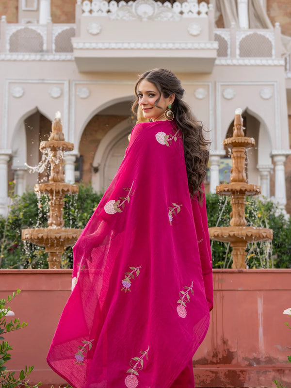 Women’s Chanderi Embroidered Kurta Set With Matching Dupatta