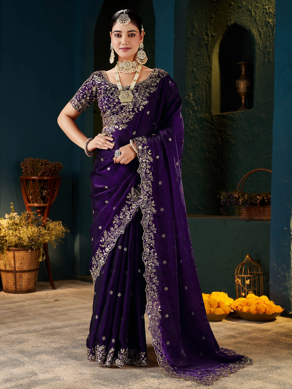 Women's Traditional Party Wear Silk Saree with Embroidered Blouse & Hand Work Lace Border