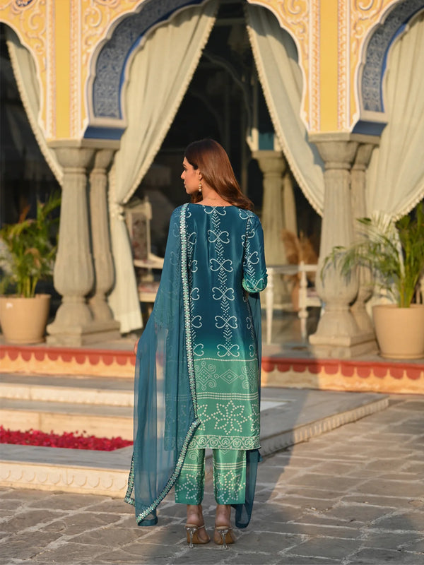 Women's Soft Chinnon Silk Position Printed Kurti with Pant & Nazmeen Dupatta Set