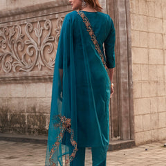 Women's Rayon Slub Embroidered Kurti with Pant & Soft Organza Dupatta Set