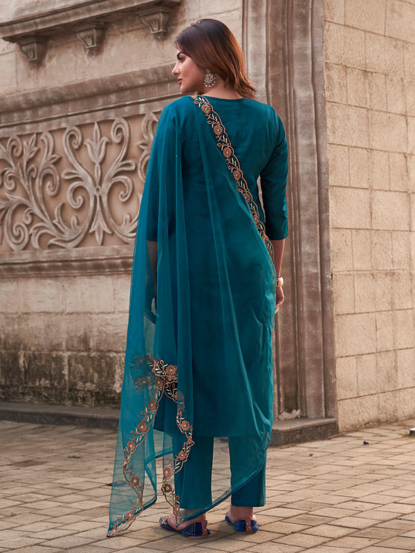Women's Rayon Slub Embroidered Kurti with Pant & Soft Organza Dupatta Set