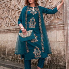 Women's Rayon Slub Embroidered Kurti with Pant & Soft Organza Dupatta Set