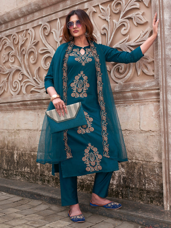 Women's Rayon Slub Embroidered Kurti with Pant & Soft Organza Dupatta Set