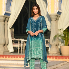 Women's Soft Chinnon Silk Position Printed Kurti with Pant & Nazmeen Dupatta Set
