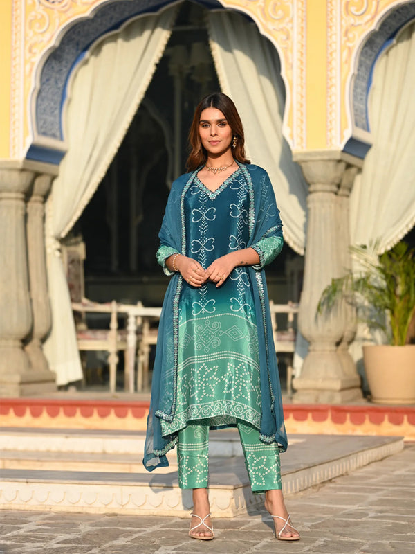 Women's Soft Chinnon Silk Position Printed Kurti with Pant & Nazmeen Dupatta Set