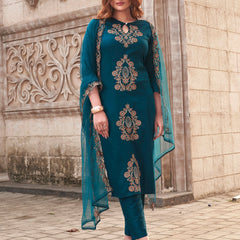 Women's Rayon Slub Embroidered Kurti with Pant & Soft Organza Dupatta Set