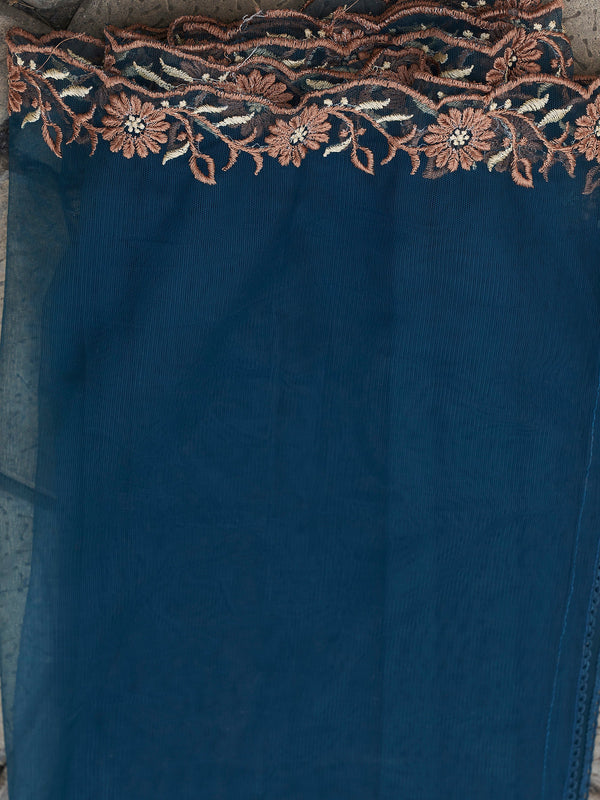 Women's Rayon Slub Embroidered Kurti with Pant & Soft Organza Dupatta Set