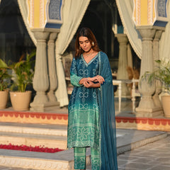 Women's Soft Chinnon Silk Position Printed Kurti with Pant & Nazmeen Dupatta Set