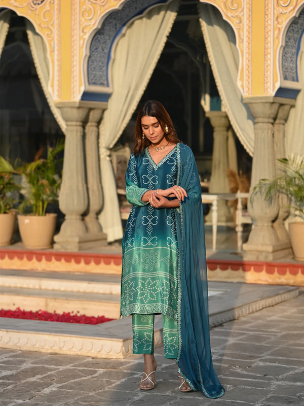 Women's Soft Chinnon Silk Position Printed Kurti with Pant & Nazmeen Dupatta Set