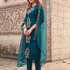 Women's Rayon Slub Embroidered Kurti with Pant & Soft Organza Dupatta Set