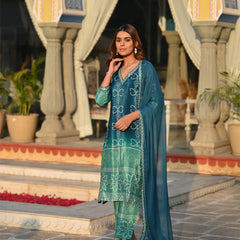 Women's Soft Chinnon Silk Position Printed Kurti with Pant & Nazmeen Dupatta Set