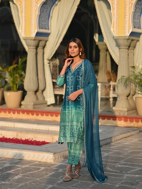 Women's Soft Chinnon Silk Position Printed Kurti with Pant & Nazmeen Dupatta Set
