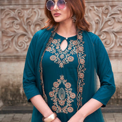 Women's Rayon Slub Embroidered Kurti with Pant & Soft Organza Dupatta Set