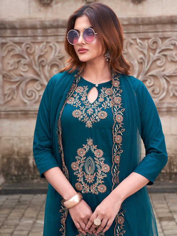 Women's Rayon Slub Embroidered Kurti with Pant & Soft Organza Dupatta Set