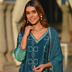 Women's Soft Chinnon Silk Position Printed Kurti with Pant & Nazmeen Dupatta Set