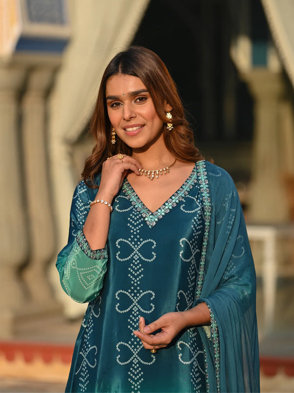 Women's Soft Chinnon Silk Position Printed Kurti with Pant & Nazmeen Dupatta Set