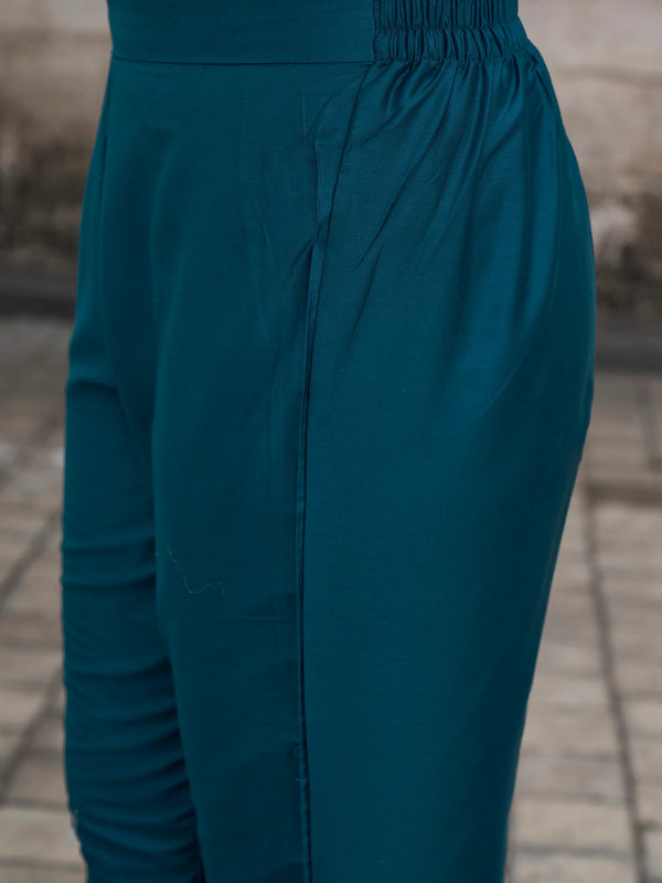 Women's Rayon Slub Embroidered Kurti with Pant & Soft Organza Dupatta Set