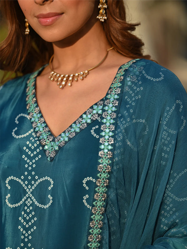 Women's Soft Chinnon Silk Position Printed Kurti with Pant & Nazmeen Dupatta Set