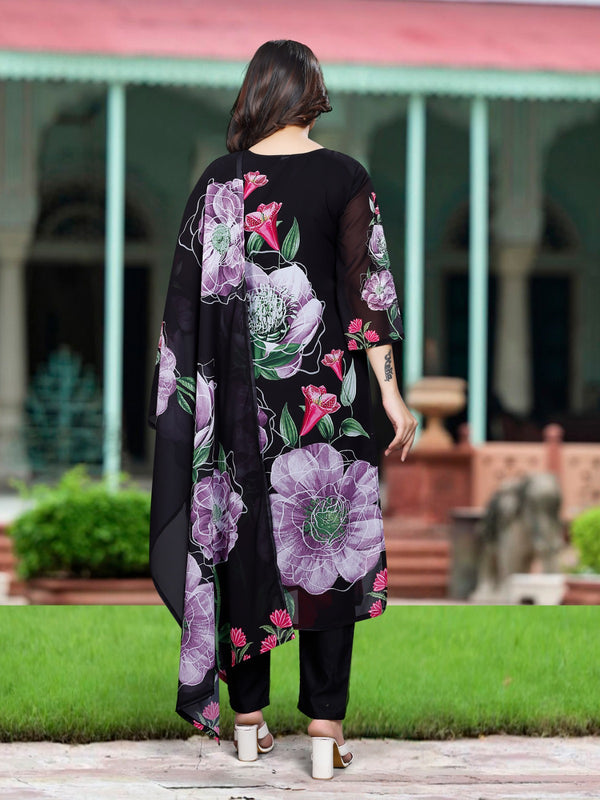 Women's Georgette Printed & Embroidered Kurta with Roman Silk Pant & Printed Dupatta Set