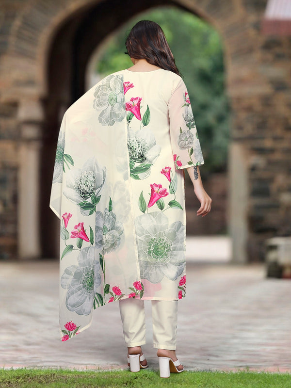 Women's Georgette Printed & Embroidered Kurta with Roman Silk Pant & Printed Dupatta Set