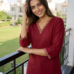 Women’s Maroon Roman Silk Embroidered Fancy Top