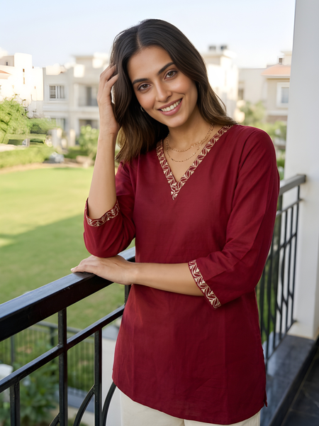 Women’s Maroon Roman Silk Embroidered Fancy Top