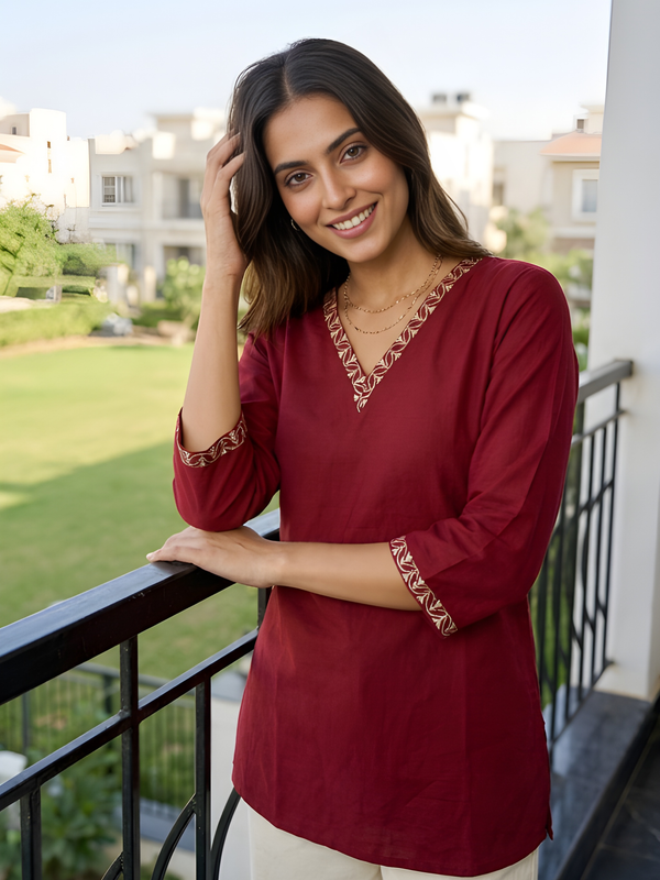 Women’s Maroon Roman Silk Embroidered Fancy Top