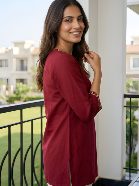 Women’s Maroon Roman Silk Embroidered Fancy Top