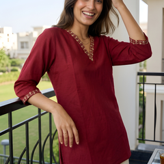 Women’s Maroon Roman Silk Embroidered Fancy Top