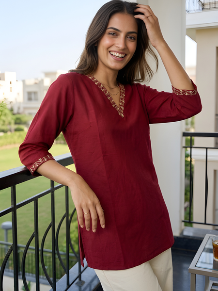 Women’s Maroon Roman Silk Embroidered Fancy Top