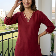 Women’s Maroon Roman Silk Embroidered Fancy Top