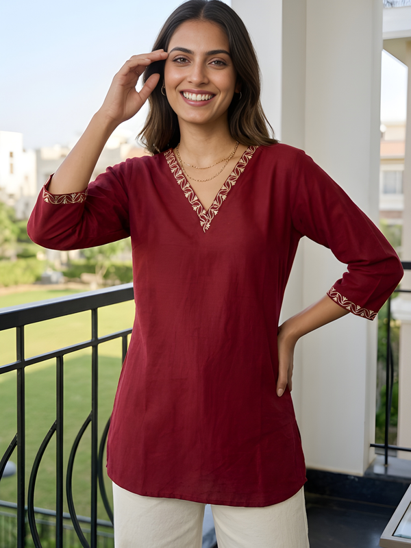 Women’s Maroon Roman Silk Embroidered Fancy Top