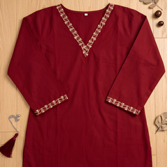 Women’s Maroon Roman Silk Embroidered Fancy Top